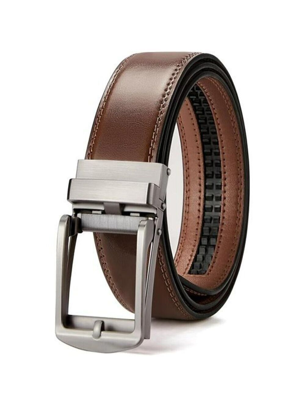 Mens leather ratchet belt adjustable slide buckle dress casual trim to fit